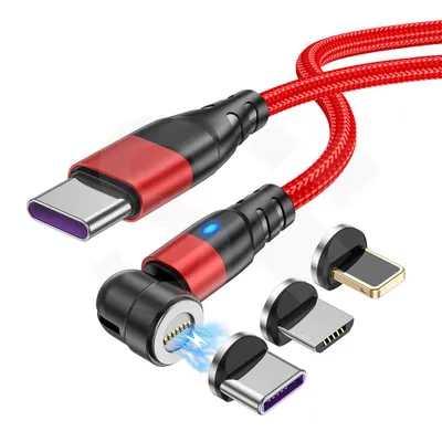 Produktbild von 100W Schnellladekabel für Smartphon, Laptop, Tablet, 3 in 1 magnetisches Ladekabel USB-C, Lightning, Micro USB, USB zu USB-C Adapter 1,8 Meter rot