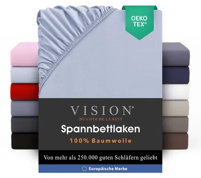 Produktbild von VISION Spannbettlaken – 100% Baumwolle – Doppelbett (140 x 190 cm) – Elastische Ecken – Passend für Matratzen bis zu 25 cm – - – Maschinenwaschbar – Farbe: Perlgrau
