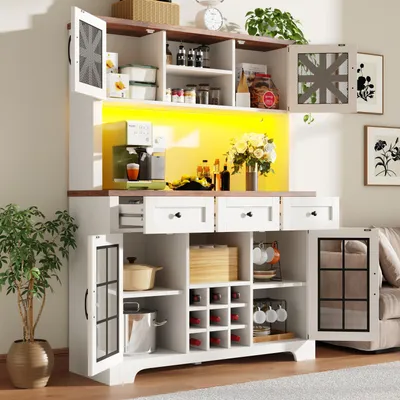Produktbild von MODFU Hochschrank Stauraumschrank Smart Led Beleuchtung Weinregal Glastüren,Küchenschrank mit Höhenverstellbare Regalböden Küche Wohnzimmer Weiß