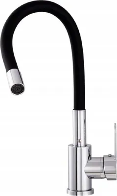 A studio shot of a kitchen faucet against a white background.