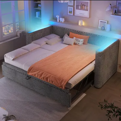 Produktbild von Tagesbett, Daybett, Schlafsofa, 90 × 200 cm, 180 × 200 cm, multifunktionales Ausziehbett-Design mit LED-Lichtleiste, Lattenrost (ohne Matratze), Samt, Grau