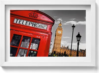 Produktbild von Telefonzelle und Big Ben - England– Wandbild mit Rahmen – Gerahmtes Bild  – Wanddekoration – 30x20 cm –  Weiß Rahmen
