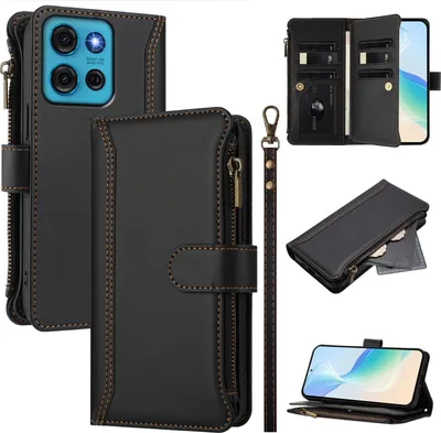 Produktbild von Handyhülle für Motorola Moto G75 Reißverschluss Geldbörse Kunstleder Klapphülle mit Kartensteckplatz, Ständer, Handschlaufe Schwarz