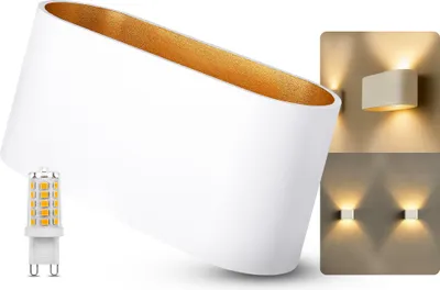 Produktbild von SSC-LUXon JOBERO Wandlampe weiß gold Up & Down – Wandstrahler mit LED G9 3W dimmbar warmweiß – Innenbeleuchtung für Wohnzimmer & Flur