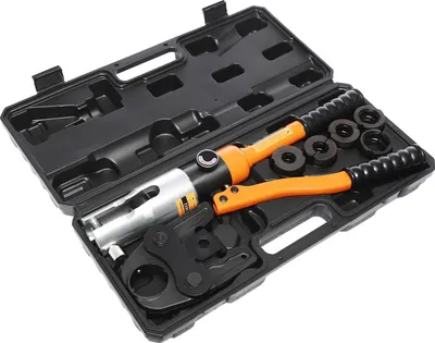 Immagine prodotto di Pinza idraulica per crimpatura - Set di utensili per pressatura - 5 matrici M12–M28 - Per la lavorazione dei metalli - Acciaio/alluminio - Arancione