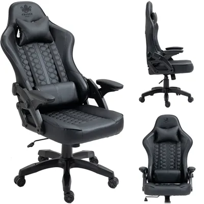 A collage of three images showing a black gaming chair from different angles.