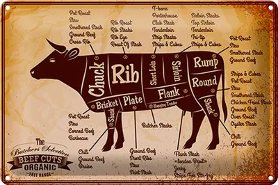 Produktbild von Blechschild Kuh 30x20cm Beef cuts Organic Metzgerei