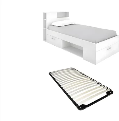 Produktbild von Bett mit Kopfteil, Stauraum & Schublade + Lattenrost - 90 x 190 cm - Weiß - LEANDRE