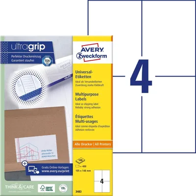 Obrázok produktu pre Avery 3483, Biela, Obdĺžnik, Permanentný, 105 x 148 mm, A4, Papája