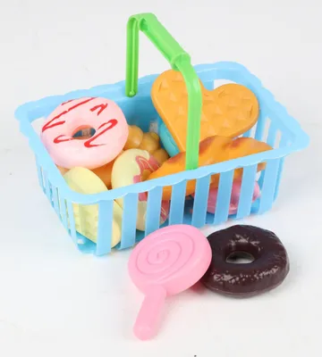 Produktbild von 12x Spielzeug Backwaren im Einkaufskorb 13-tlg Kinderküche Spielzeug Croque Donut Keks Waffel Set Kunststoff Lernspielzeug Geschenk