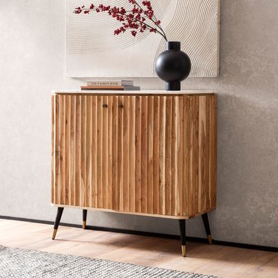 Home bar akátové masivní dřevo 95x90x41 cm vinárna pravý mramor, malý bar moderní, barová skříň s dvířky a stojanem na víno, skříň na lihoviny s úložným prostorem na lahve a sklenice | Wohnling