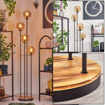 Produktbild von Fossobiubo Stehlampe aus Metall/Holz/Glas in Schwarz/Natur/Bernsteinfarben