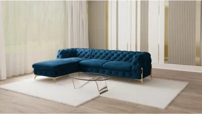 Produktbild von S-STYLE MÖBEL - Chesterfield Ecksofa mit Ottomane links Nova mit Goldene Metall Füßen aus Marineblau Samtstoff, B/T/H: 305 cm/ 200 cm/ 75 cm