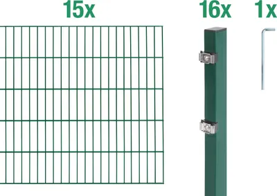 Produktbild von Alberts Doppelstabmatten Zaun, Höhe 200 cm, Länge 30 m, Zaun-Komplettset zum Einbetonieren, grün, Pfosten 60x40 mm