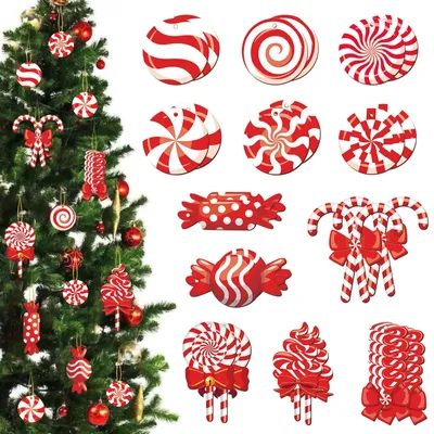 24 Holz-Weihnachtsanhänger, bunte Zuckerstangen, Baumschmuck