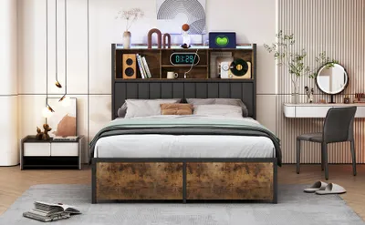 Image de Lit Double Avec Rangement160x200cm, Port USB Éclairage LED Et 2 Tiroirs, Lit En Métal Et Bois Massif
