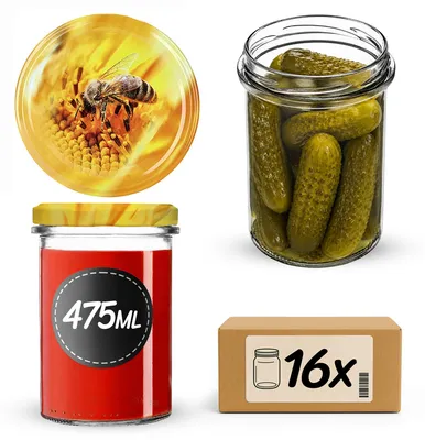 Produktbild von KADAX Einmachgläser 475ml mit Ø 82 mm Schraubdeckel, Marmeladengläser, Schraubgläser zum Einkochen, Einmachen und Aufbewahren von Marmelade & Honig (Biene, 16 Stück)