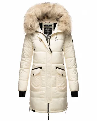 Produktbild von Marikoo Chaskaa Damen Winter Steppjacke mit Kapuze Wintermantel Parka Kunstfellkragen Off White Gr. 34 - XS
