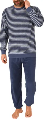 Produktbild von Herren Frottee Schlafanzug lang, Pyjama mit feinem Ringel-Muster - auch in Übergröße ; blau1 , 60