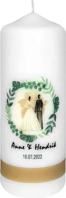 Produktbild von Hochzeitskerze "Myrthenkranz-Brautpaar" 220 x 80 mm mit individueller Namensverzierung aus Wachsbuchstaben