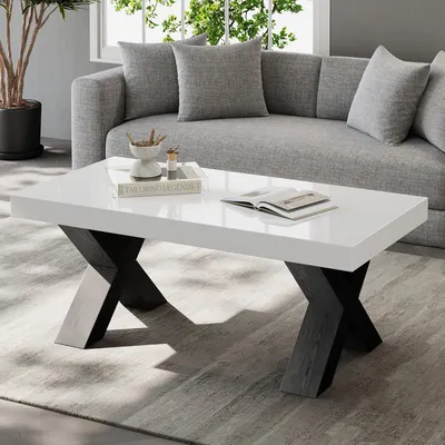 Immagine prodotto di Tavolino da salotto MODFU, con gambe a forma di "X", design moderno, dimensioni 100 x 50 cm, tavolino ausiliario con piano rettangolare, tavolino da caffè per soggiorno, bianco e nero