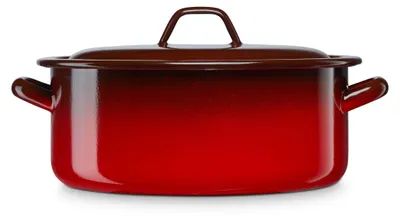 A studio shot of a red and brown enameled pot with a lid.
