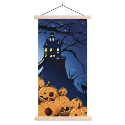 Produktbild von MuchoWow® Textilposter Eine Halloween-Nacht in einer Illustration 40x80 cm mit holzfarbenen Rahmen - Wohnzimmer