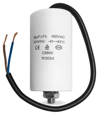 Produktbild von Kondensator CBB60 18µF 450V universal mit Anschlusskabel Befestigungsschraube, KI-generiertes Bild