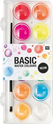 Produktbild von Rico Design Basic Neon Wasserfarbkasten / Tuschkasten - 12 Wasserfarben & 1 Pinsel zum Tuschen und Malen- Malkasten / Farbkasten