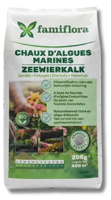Produktbild von Famiflora Algenkalk 20 kg bis 400 m² - für Rasen - Senkt den Säuregehalt des Bodens, damit Ihr Rasen und Ihre Pflanzen die Nährstoffe optimal aufnehmen können