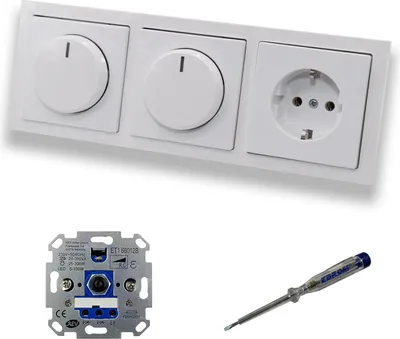 Produktbild von REV Ritter (2 x) LED Drehdimmer Dimmer + Busch Jäger Dimmerscheiben 6540-84-102 und Steckdose Kinderschutz 20EUCKS-84 in Future Linear Studioweiß glänzend + EBROM Phasenprüfer zur Montage der Geräte