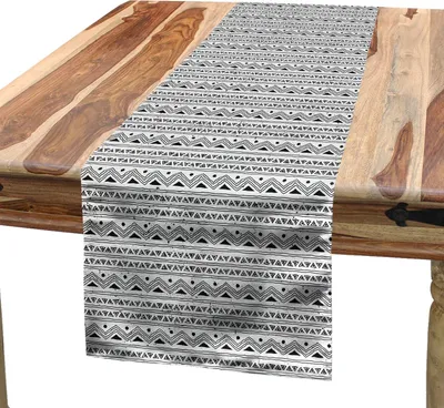 Produktbild von ABAKUHAUS Stammes Tischläufer, Ethnisches gebürtiges aztekisches Hand gezeichnetes flüchtiges Bild mit geometrischen Dreieck-Grenzen, 40 x 180 cm, Schwarz und weiß