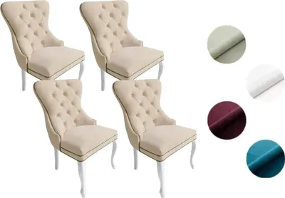 Produktbild von Chesterfield Stuhl MADAME 2 (4 Stück) – eleganter Polsterstuhl im Glamour-Stil, Samt Beige, Holzbeine in Weiß, Komfortsitz