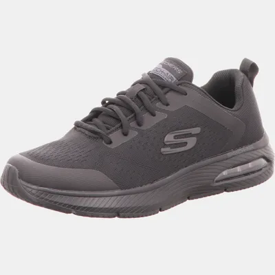 A single black Skechers sneaker is shown from a side-diagonal angle against a plain white background.