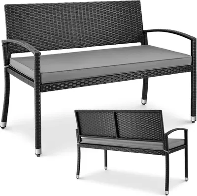 Produktbild von 2-Sitzer Gartenbank - Wetterfeste Balkon- und Terrassenbank aus Polyrattan - Metallgestell - Mit Polster und Schutzhülle - Waschbarer Bezug - 320 kg Tragkraft - Schwarz