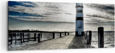 Produktbild von Bild auf Leinwand - Leinwandbild - See Leuchtturm Holzbrücke Wasser - 120x50cm - Wand Bild - Wanddeko - Leinwanddruck - Bilder - Kunstdruck - Leinwand bilder - Wandkunst - AB120x50-0330