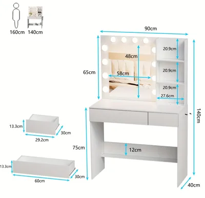 Obrázok produktu pre Kozmetický stolík – stolík na líčenie – toaletný stolík – stolík na kozmetiku – 90 x 40 x 140 cm – biely