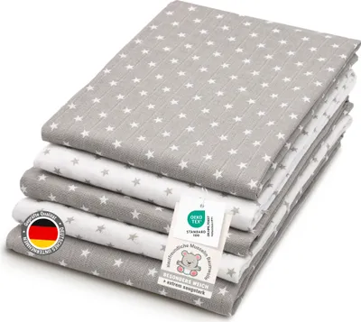 Produktbild von 5er Set Spucktücher, 100% Baumwolle, 80x80 cm, Sternemuster, weiß - grau