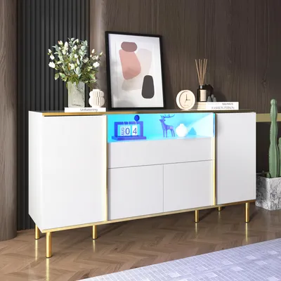 Image de OKWISH Buffet Moderne avec Tiroir et Éclairage LED - Meuble de Rangement Design Contemporain pour Salon et Salle à Manger - 150x40x80 cm, Blanc Laqué