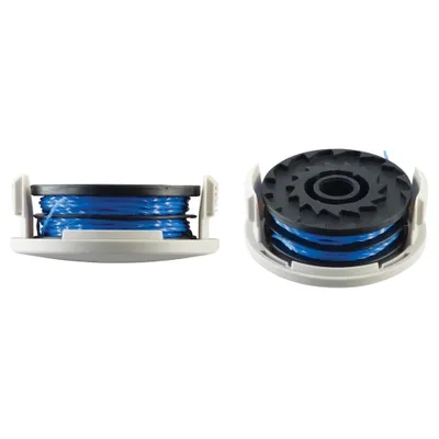 Two views of a string trimmer spool with blue trimmer line.
