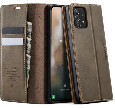 Obrázek produktu pro Obal na mobil Samsung Galaxy A52S 5G / A52 4G 5G, skládací, z umělé kůže, hnědý, s RFID ochranou, slot na karty a funkcí stojánku