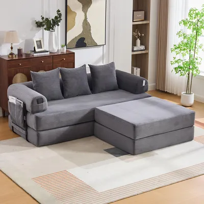 Produktbild von Modulares Cord-Kompressionssofa mit Hocker Couch-Set Dunkelgrau Metallrahmen Lounge-Sofa Wohnlandschaft inklusive Seitentasche 3 Kissen flexibel
