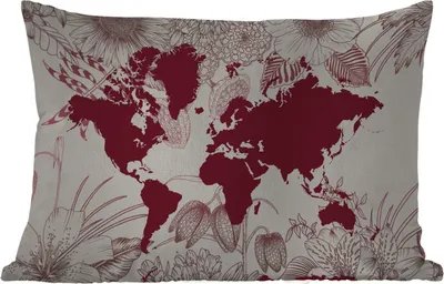 Produktbild von MuchoWow® Outdoor Kissen - Weltkarte - Rot - Blumen - 50x30 cm - Wetterfest - Lounge Kissen - Sofa kissen - Wohnzimmer Dekoration