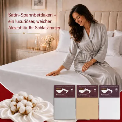 Produktbild von TEXTOM Satin Spannbettlaken 100% Baumwolle 90x200 cm Beige für Matratzen bis 25 cm Steghöhe