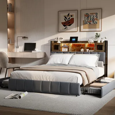 Immagine prodotto di Letto matrimoniale 140x200 cm - Letto contenitore - Letto con cassetti - Letto con illuminazione a LED - Letto con porta USB - Struttura robusta in MDF