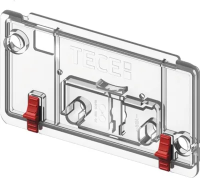 A clear, studio shot of a transparent plastic spare part for a toilet cistern lid, featuring red locking clips.