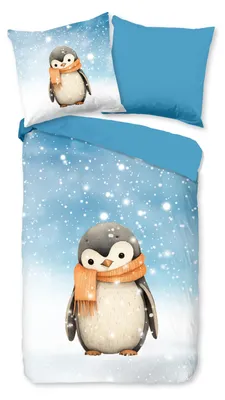 Produktbild von good morning Comfort Flanell Bettwäsche - Pingi 135 x 200 cm Pinguin, Schneeflocken, Wendebettwäsche