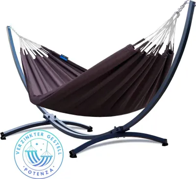 Produktbild von Potenza Outdoor Medelin Hängematte mit Gestell für 2 Personen I 100% Baumwolle Doppelhängematte 220x140, 160kg I Hängemattengestell 220kg, wetterfest