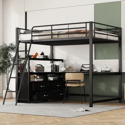 Obrázok produktu pre Flieks poschodová posteľ 140x200 cm s písacím stolom, podkrovná posteľ s policou a zásuvkou, detská posteľ kovová poschodová posteľ s lamelovým roštom a ochranou proti vypadnutiu