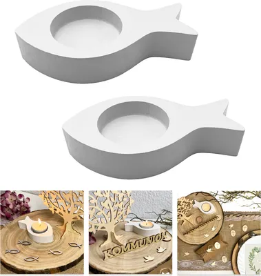 Produktbild von Oblique Unique Fisch Teelichthalter 2er Set Kerzenhalter Fische aus Holz - Tisch Deko für Taufe Kommunion Konfirmation weiß